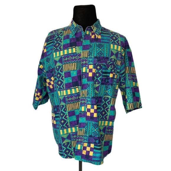 Vintage 90's Geo Pattern Button Up Short Sleeve Shirt - Men's Size XL - Picture 1 of 4